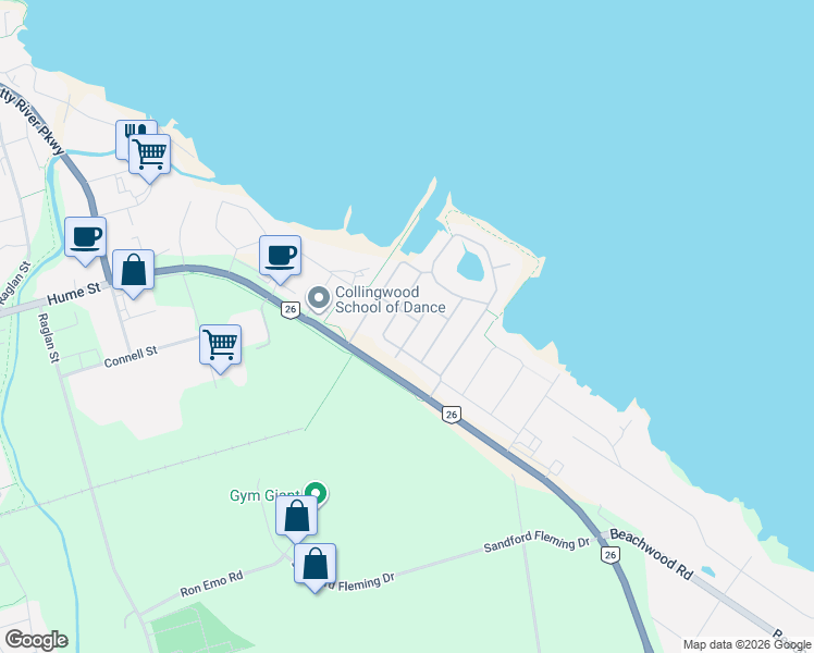 map of restaurants, bars, coffee shops, grocery stores, and more near 17 Clubhouse Drive in Collingwood