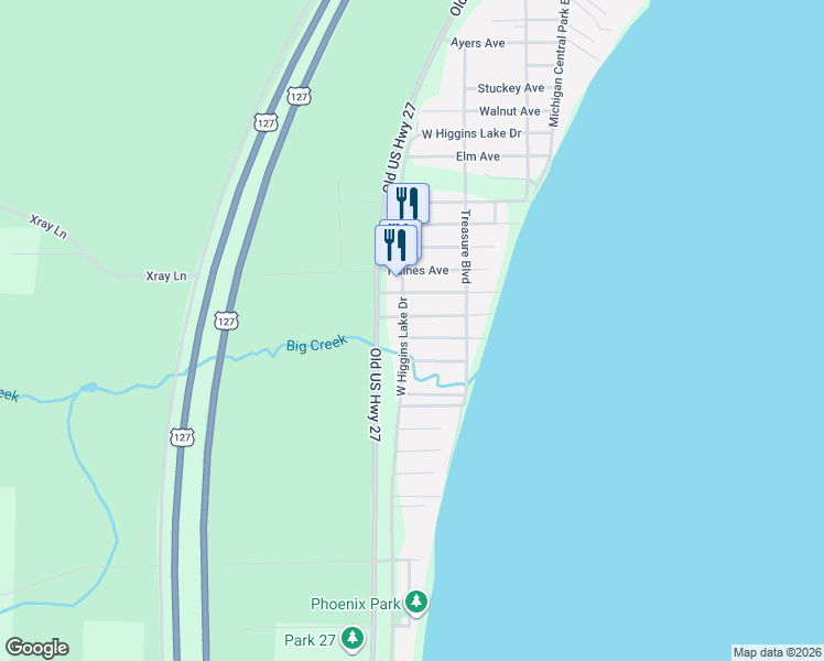 map of restaurants, bars, coffee shops, grocery stores, and more near 9800-9826 West Higgins Lake Drive in Roscommon