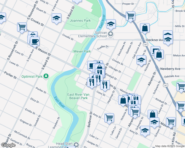 map of restaurants, bars, coffee shops, grocery stores, and more near 1582 East Mason Street in Green Bay
