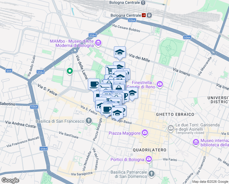 map of restaurants, bars, coffee shops, grocery stores, and more near 2 Via Giuseppe Grabinski in Bologna