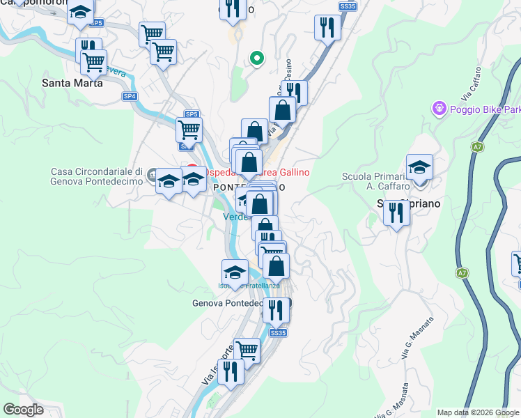 map of restaurants, bars, coffee shops, grocery stores, and more near 57 Ponte Dadomo Gaetano in Genova