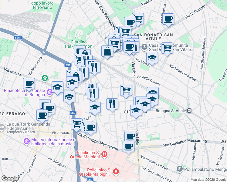 map of restaurants, bars, coffee shops, grocery stores, and more near 77 Via Paolo Fabbri in Bologna