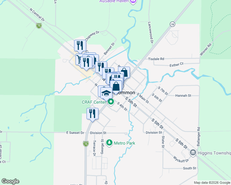 map of restaurants, bars, coffee shops, grocery stores, and more near 700 Lake Street in Roscommon