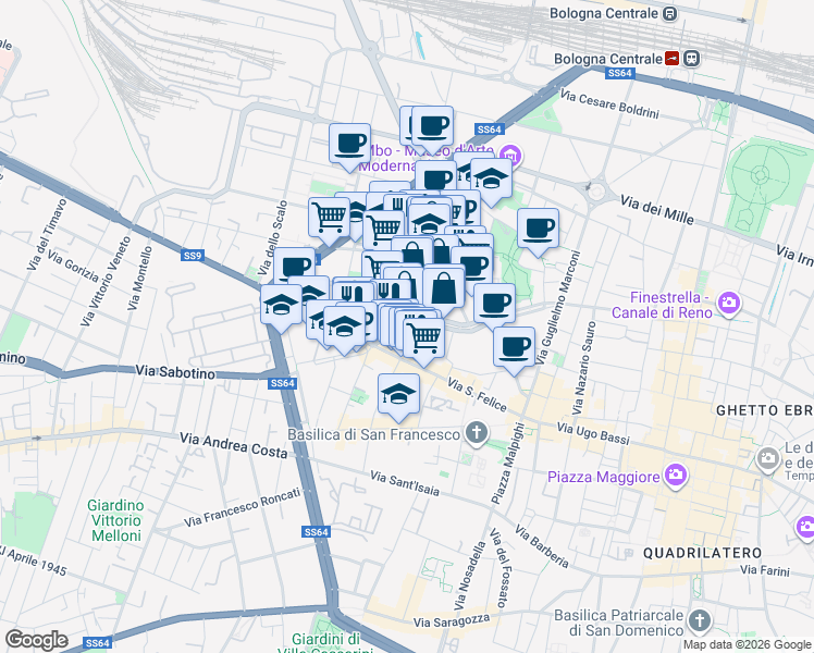 map of restaurants, bars, coffee shops, grocery stores, and more near 21 Piazza Manfredi Azzarita in Bologna