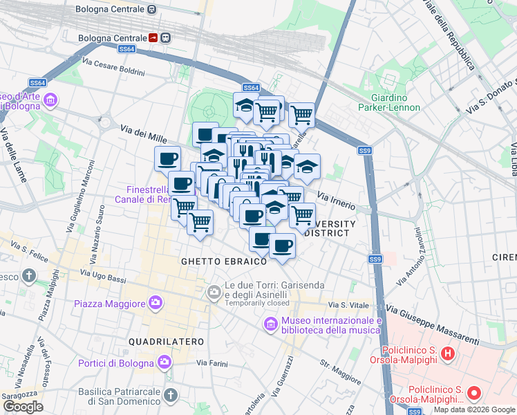 map of restaurants, bars, coffee shops, grocery stores, and more near 25 Via del Borgo di San Pietro in Bologna