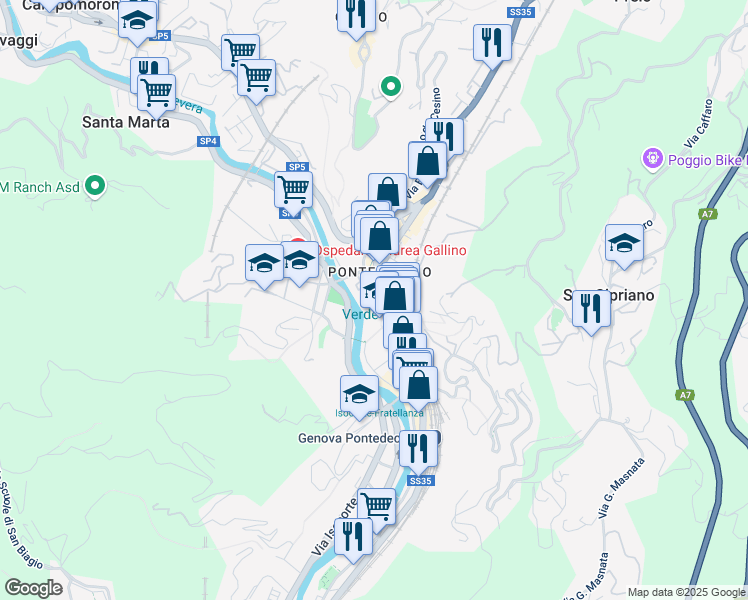 map of restaurants, bars, coffee shops, grocery stores, and more near SP35 in Genova