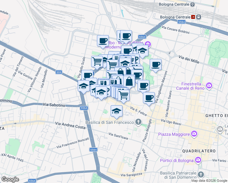 map of restaurants, bars, coffee shops, grocery stores, and more near 21 Piazza Manfredi Azzarita in Bologna
