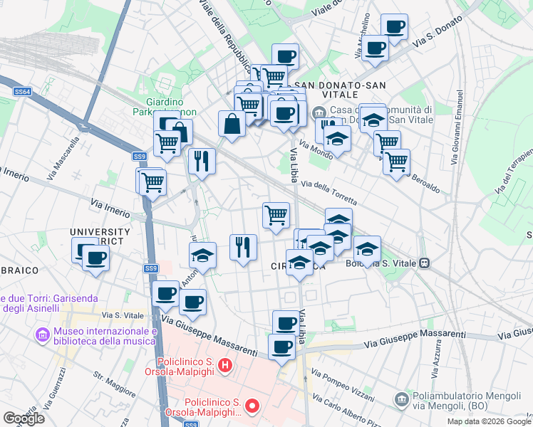 map of restaurants, bars, coffee shops, grocery stores, and more near 70 Via Giuseppe Bentivogli in Bologna