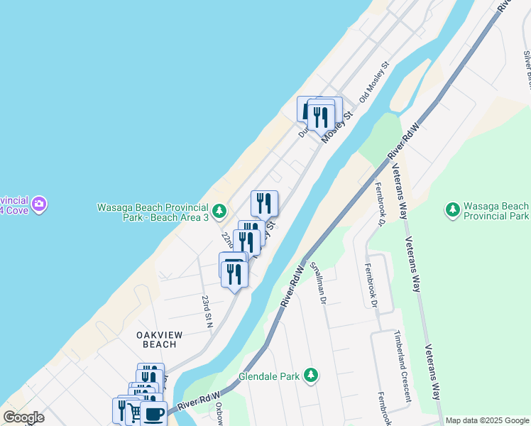 map of restaurants, bars, coffee shops, grocery stores, and more near 19 Baker Street in Wasaga Beach