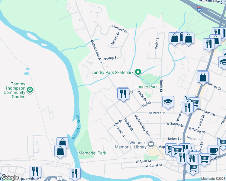 map of restaurants, bars, coffee shops, grocery stores, and more near 38 Morehouse Drive in Winooski