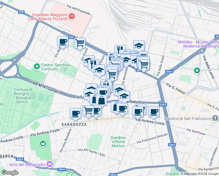 map of restaurants, bars, coffee shops, grocery stores, and more near 20 Via Vittorio Veneto in Bologna