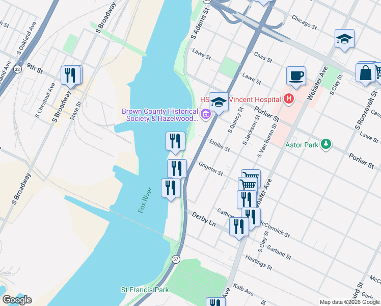 map of restaurants, bars, coffee shops, grocery stores, and more near 1118 South Monroe Avenue in Green Bay