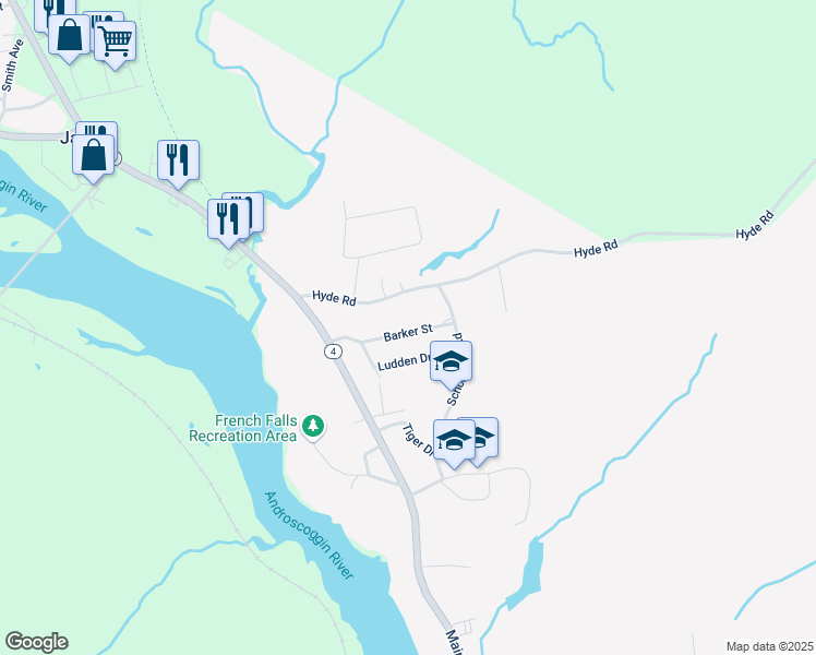 map of restaurants, bars, coffee shops, grocery stores, and more near 10 Barker Street in Jay
