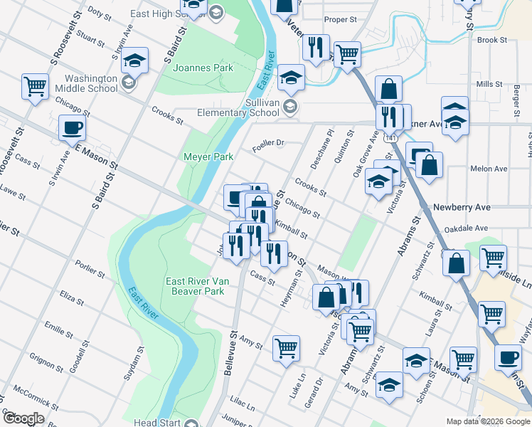 map of restaurants, bars, coffee shops, grocery stores, and more near 438 Bellevue Street in Green Bay