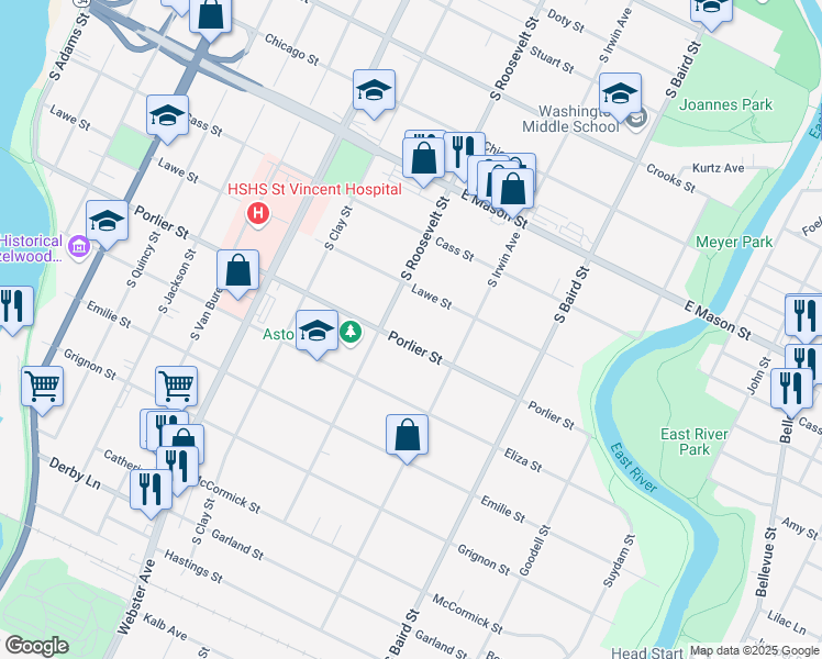 map of restaurants, bars, coffee shops, grocery stores, and more near 827 South Roosevelt Street in Green Bay