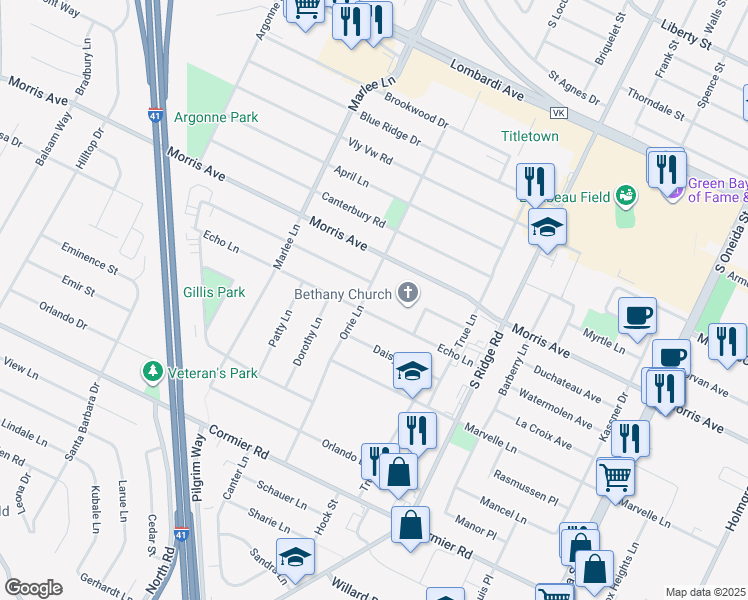 map of restaurants, bars, coffee shops, grocery stores, and more near 2109 Orrie Lane in Green Bay
