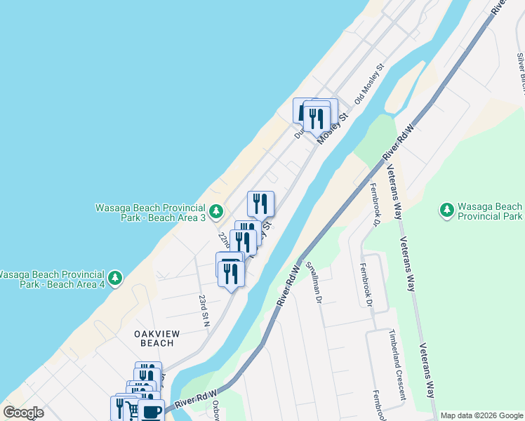 map of restaurants, bars, coffee shops, grocery stores, and more near 15 Baker Street in Wasaga Beach