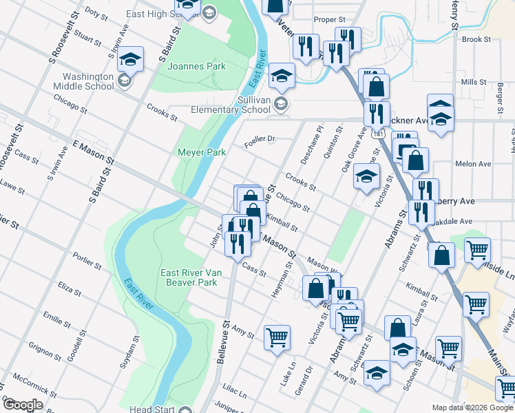 map of restaurants, bars, coffee shops, grocery stores, and more near 438 Bellevue Street in Green Bay