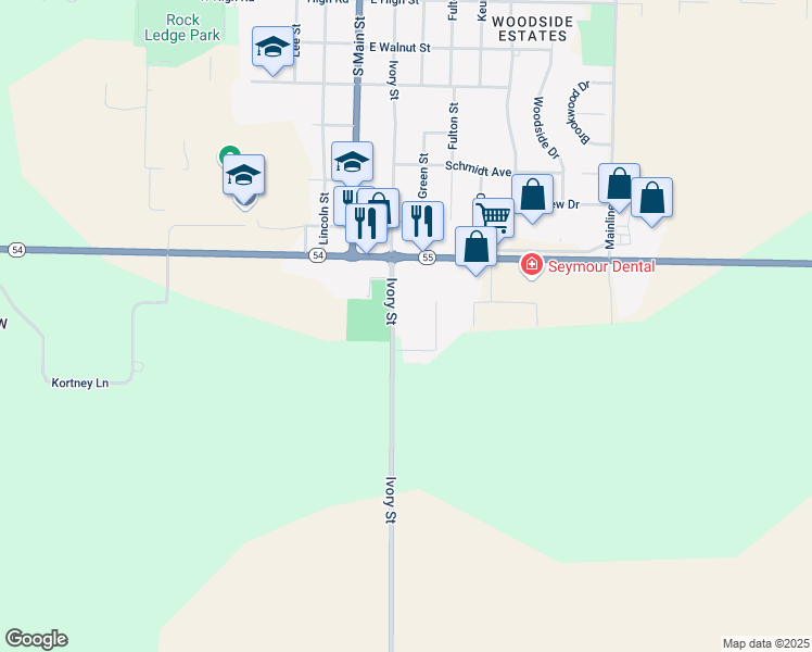 map of restaurants, bars, coffee shops, grocery stores, and more near N7248 County Road C in Seymour