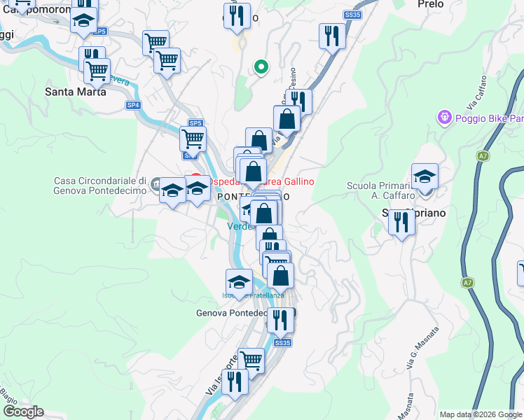 map of restaurants, bars, coffee shops, grocery stores, and more near 57 Ponte Dadomo Gaetano in Genova