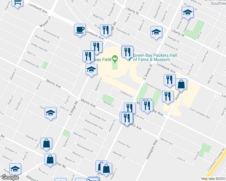 map of restaurants, bars, coffee shops, grocery stores, and more near 941 Stadium Drive in Green Bay