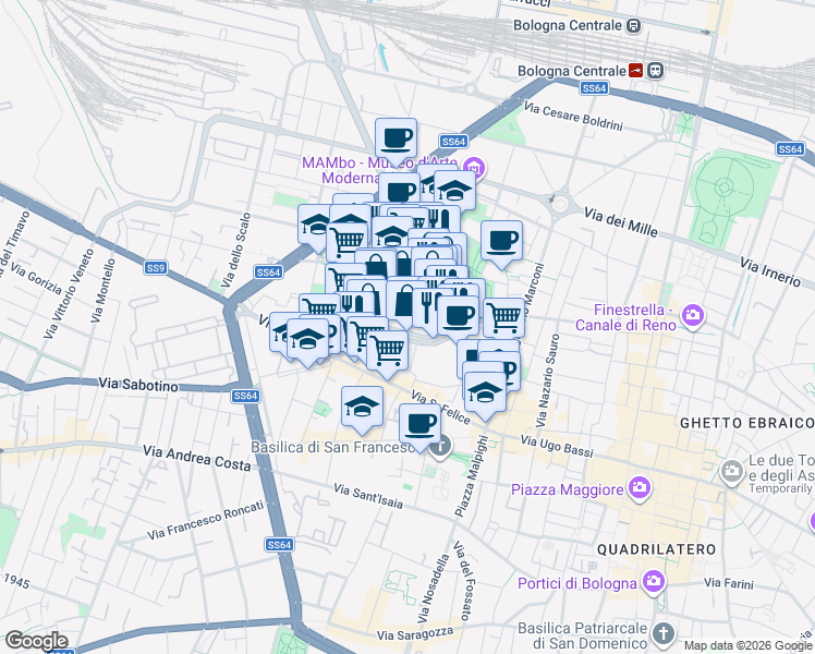 map of restaurants, bars, coffee shops, grocery stores, and more near 29 Via Riva di Reno in Bologna