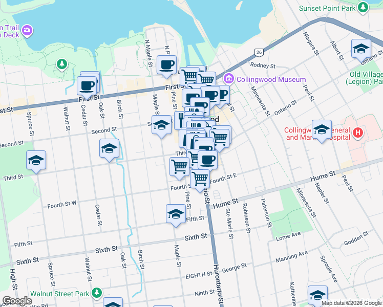 map of restaurants, bars, coffee shops, grocery stores, and more near 10 Third Street in Collingwood