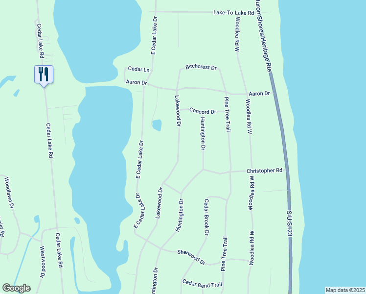 map of restaurants, bars, coffee shops, grocery stores, and more near 7584 Lakewood Drive in Iosco County