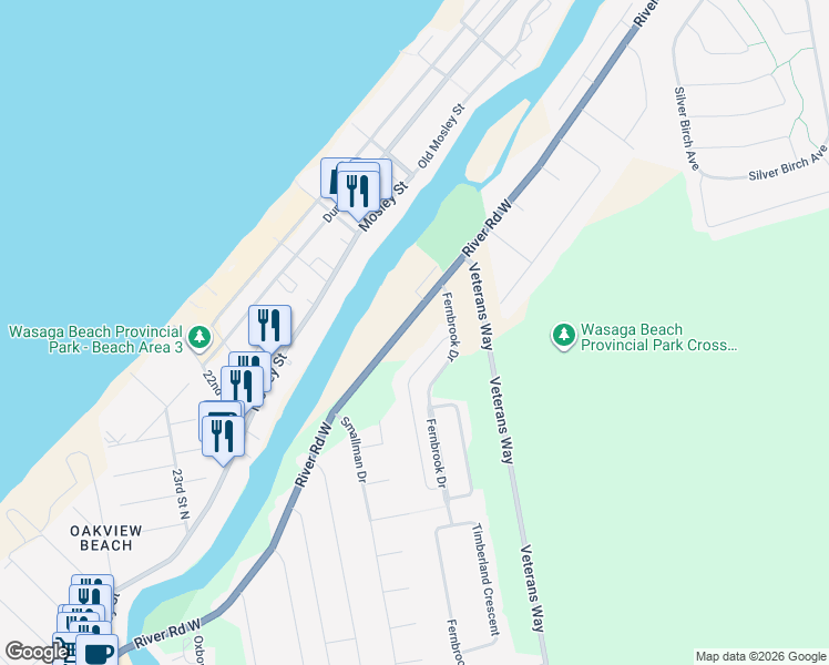 map of restaurants, bars, coffee shops, grocery stores, and more near 1805 River Road West in Wasaga Beach