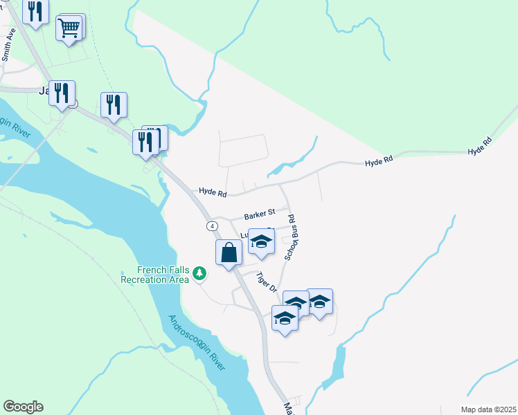 map of restaurants, bars, coffee shops, grocery stores, and more near 10 Barker Street in Jay