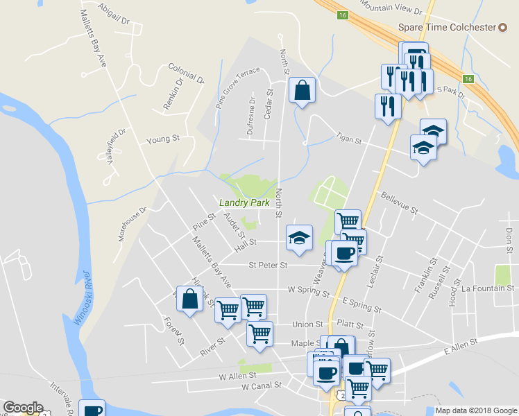 map of restaurants, bars, coffee shops, grocery stores, and more near 27 Pine Street in Winooski