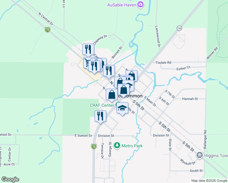 map of restaurants, bars, coffee shops, grocery stores, and more near Brooks Street in Roscommon