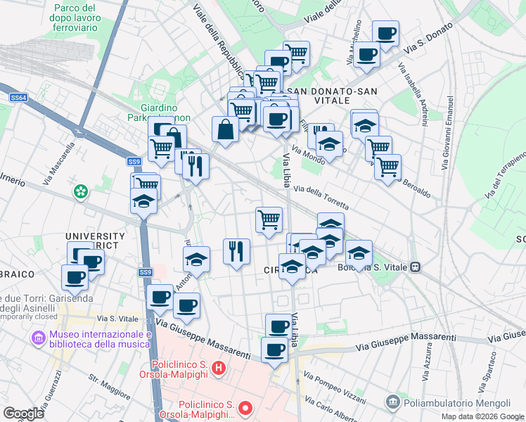map of restaurants, bars, coffee shops, grocery stores, and more near 129 Via Giuseppe Bentivogli in Bologna