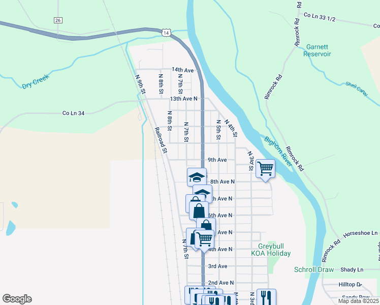 map of restaurants, bars, coffee shops, grocery stores, and more near 948 North 7th Street in Greybull