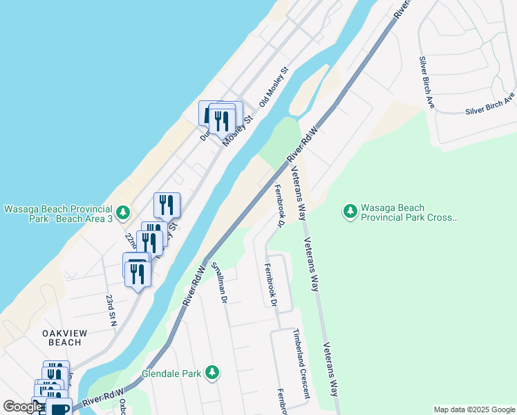 map of restaurants, bars, coffee shops, grocery stores, and more near 1793 River Road West in Wasaga Beach
