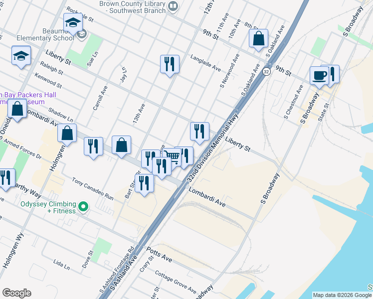 map of restaurants, bars, coffee shops, grocery stores, and more near 1743 10th Avenue in Green Bay