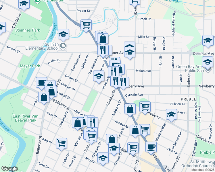 map of restaurants, bars, coffee shops, grocery stores, and more near 311 Victoria Street in Green Bay