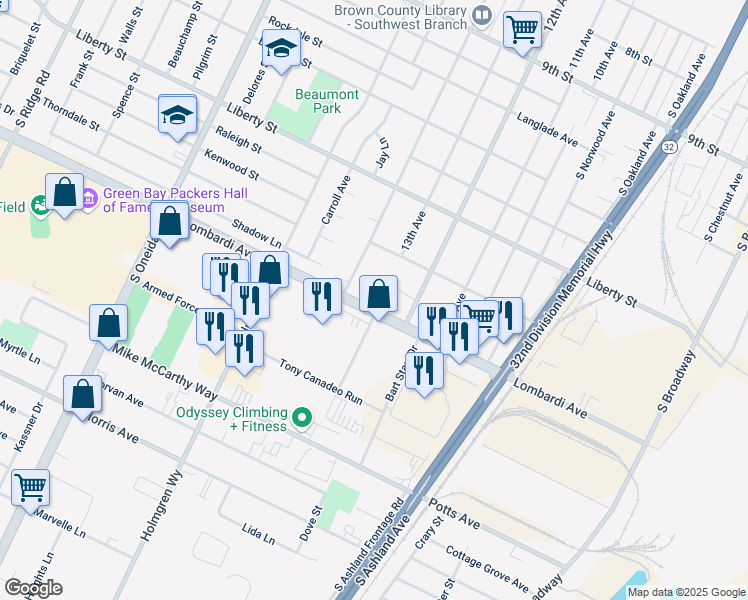 map of restaurants, bars, coffee shops, grocery stores, and more near 964 Lombardi Avenue in Green Bay