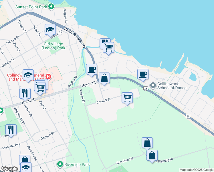 map of restaurants, bars, coffee shops, grocery stores, and more near 101 Pretty River Parkway in Collingwood