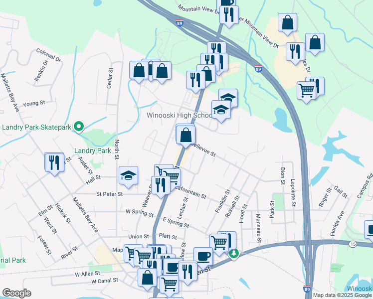 map of restaurants, bars, coffee shops, grocery stores, and more near 335 Main St in Winooski