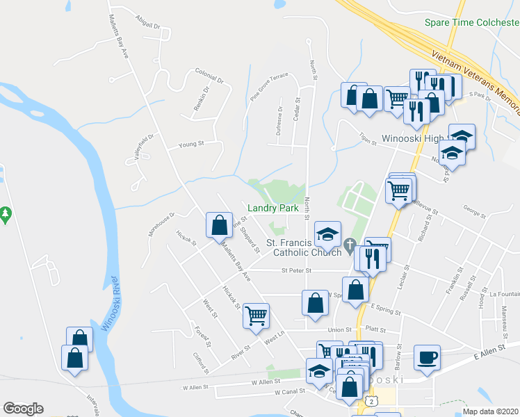 map of restaurants, bars, coffee shops, grocery stores, and more near 73 Pine Street in Winooski
