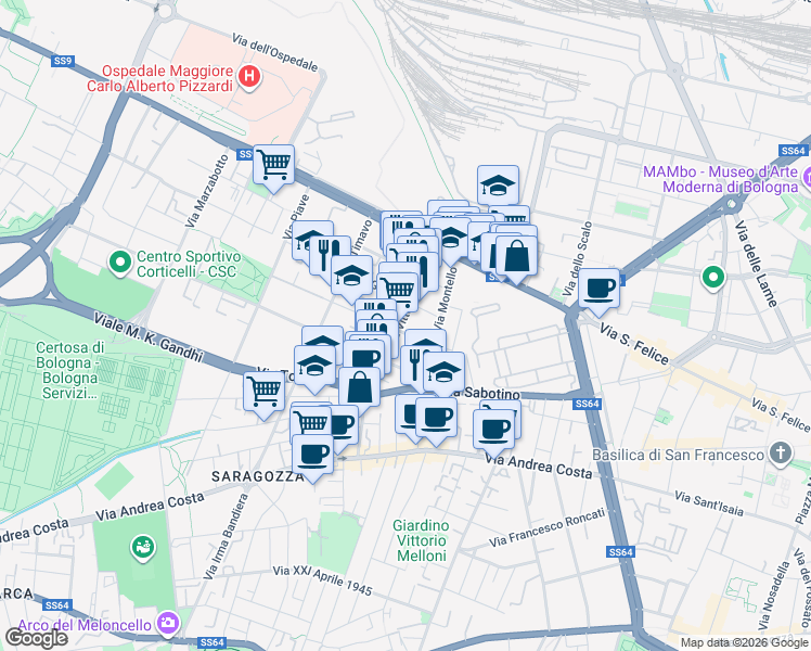 map of restaurants, bars, coffee shops, grocery stores, and more near 20 Via Vittorio Veneto in Bologna