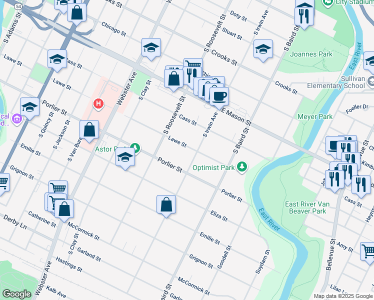 map of restaurants, bars, coffee shops, grocery stores, and more near 1256 Lawe Street in Green Bay