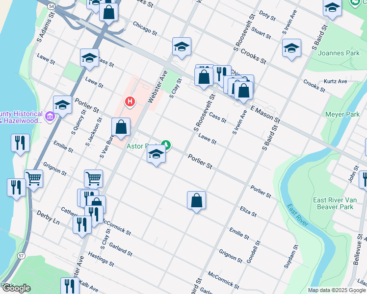 map of restaurants, bars, coffee shops, grocery stores, and more near 1169 Porlier Street in Green Bay