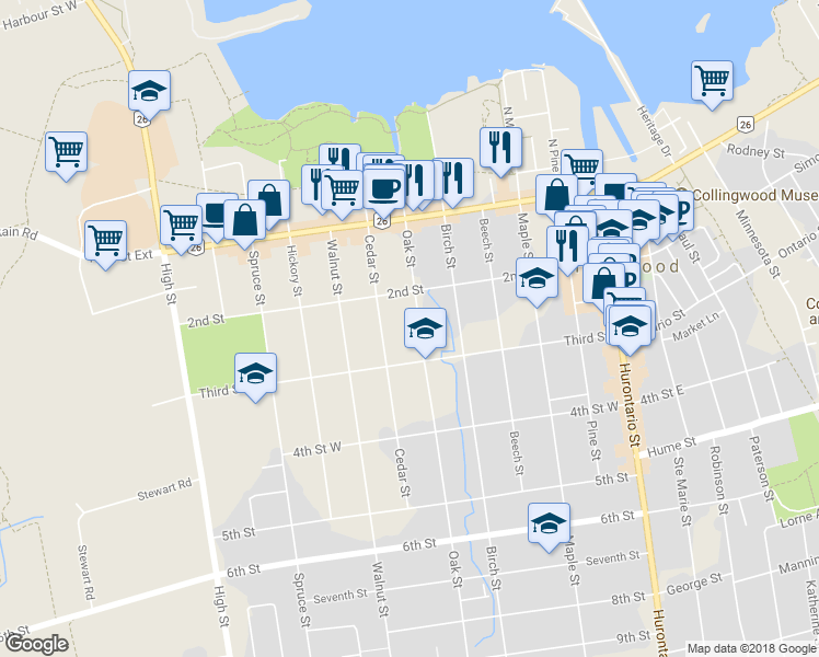 map of restaurants, bars, coffee shops, grocery stores, and more near 136 Oak Street in Collingwood