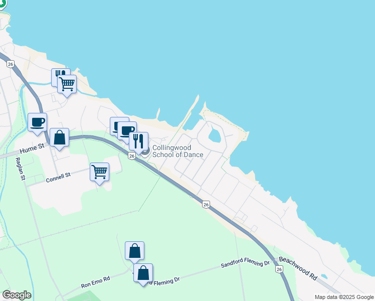 map of restaurants, bars, coffee shops, grocery stores, and more near 55 Clubhouse Drive in Collingwood