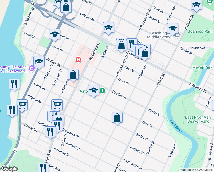 map of restaurants, bars, coffee shops, grocery stores, and more near 1169 Porlier Street in Green Bay