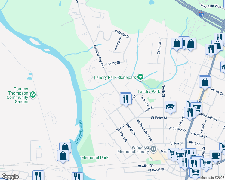 map of restaurants, bars, coffee shops, grocery stores, and more near 38 Morehouse Drive in Winooski