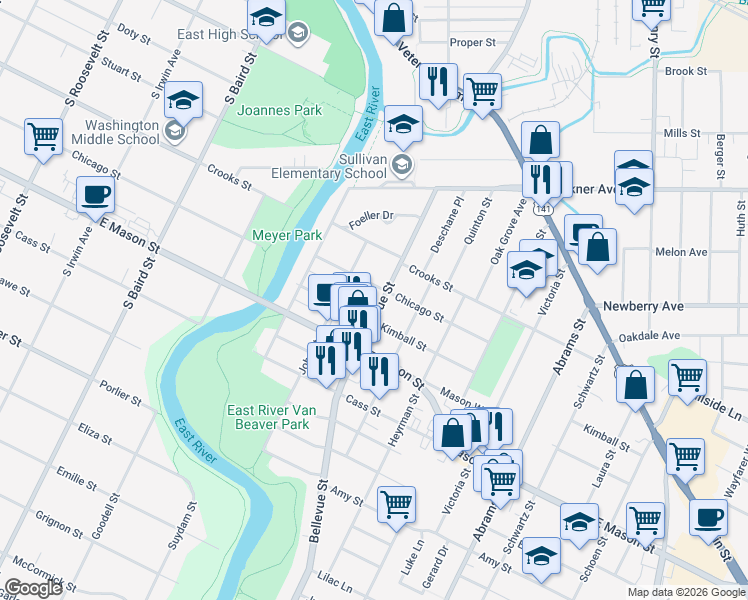 map of restaurants, bars, coffee shops, grocery stores, and more near 438 Bellevue Street in Green Bay