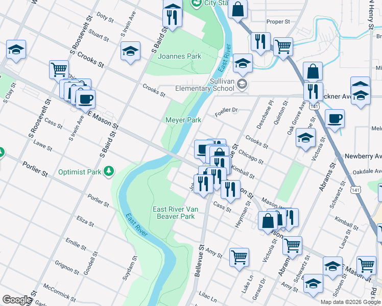 map of restaurants, bars, coffee shops, grocery stores, and more near 511 Hartung Street in Green Bay